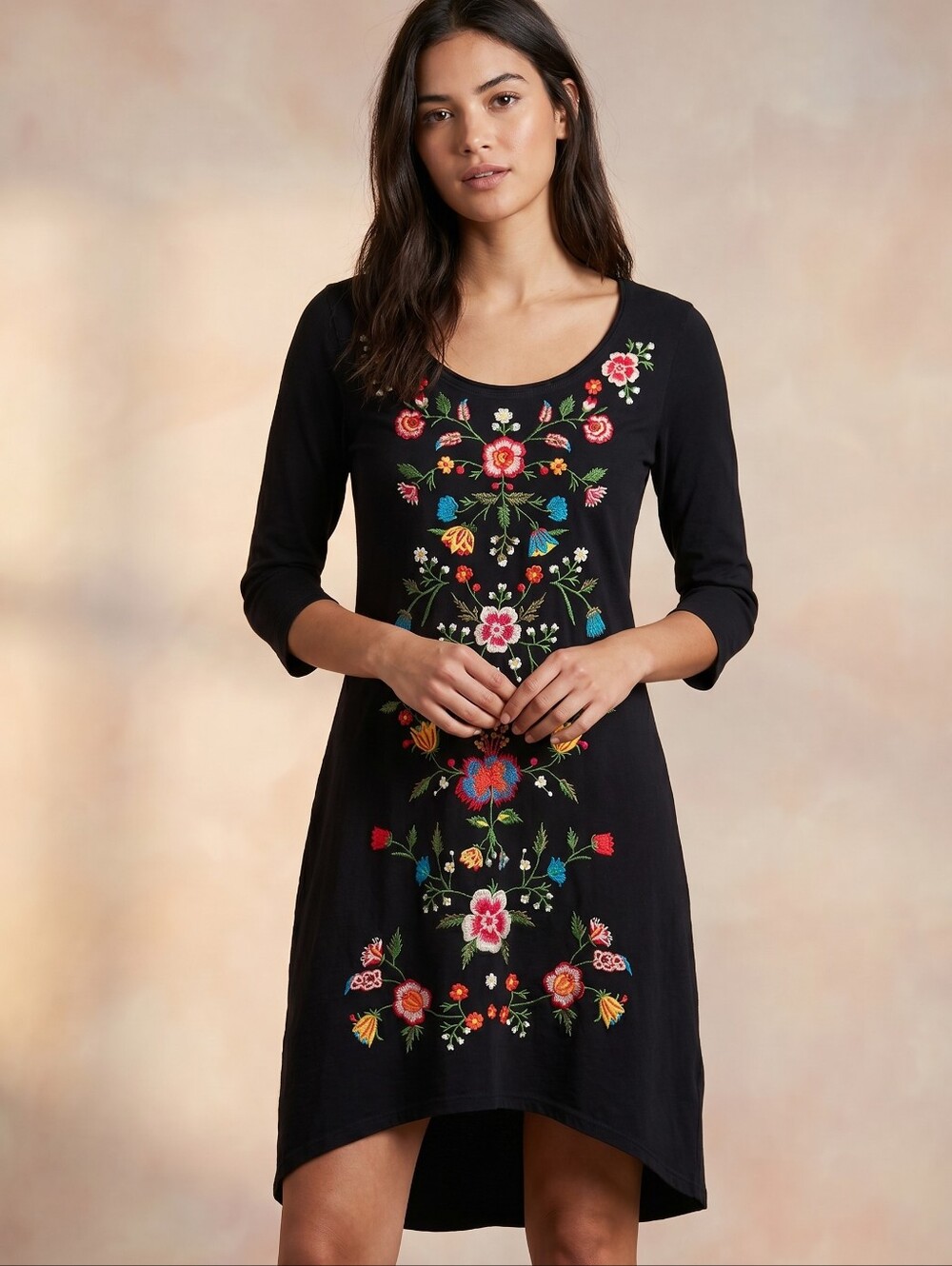 Johnny Was Embroidered Black 3/4 Sleeve Cotton Mid-Length Dress
